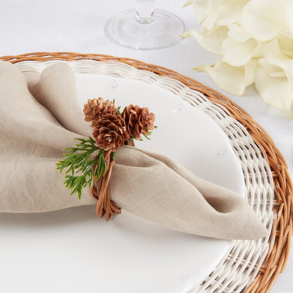 Holiday Christmas Winter Dining Rustic Charm Pine Cone Napkin Ring - Set of 4